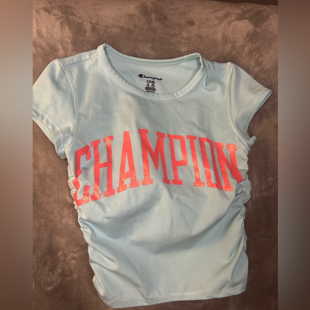 Champion Sky Blue Tee with Neon Pink Lettering